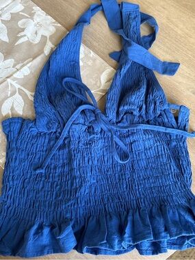 Blue Smocked Halter Ruffle Tank Top